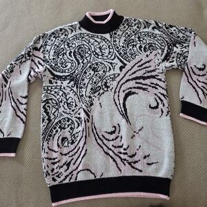 Vintage 80s Black Pink Metallic Silver Paisley Pullover Sweater Women's Small/me